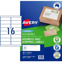 AVERY ECO FRIENDLY LABELS LASER PRINTER WHITE 99.1X134MM 16UP 320 LABELS MUST BUY 5 BXS