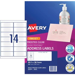 AVERY CLEAR INKJET LABELS J8563 14 L/P/SHT 99.1x38.1MM ADDRESS PK350