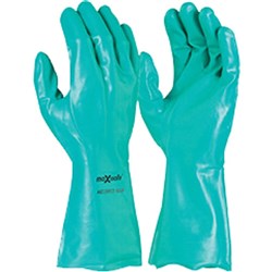 MAXISAFE CHEM RESISTANT GLOVES Green Nitrile Chemical Glove 33cm Medium Minimum buy qty 12