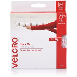 VELCRO BRAND HOOK ONLY STICK ON 25MM X 5M WHITE