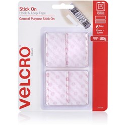 VELCRO BRAND HOOK & LOOP STICK ON 25MM X 50MM WHITE PACK OF 6