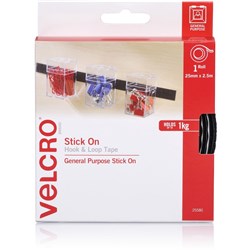 VELCRO BRAND HOOK & LOOP TAPE STICK ON 25MMX2.5M BLACK