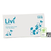 LIVI ESSENTIALS HAND TOWEL COMPACT 1 PLY 150 SHEET BOX OF 16 200 X 250MM