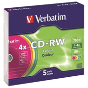 VERBATIM CDRW 80 REWRITABLE 43133 SLIM CASE COLOURS PK5