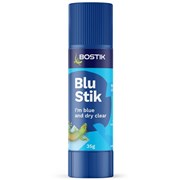 BOSTIK BLUSTICK BLUE GLUE STICK GOES ON BLUE DRIES CLEAR 35GM